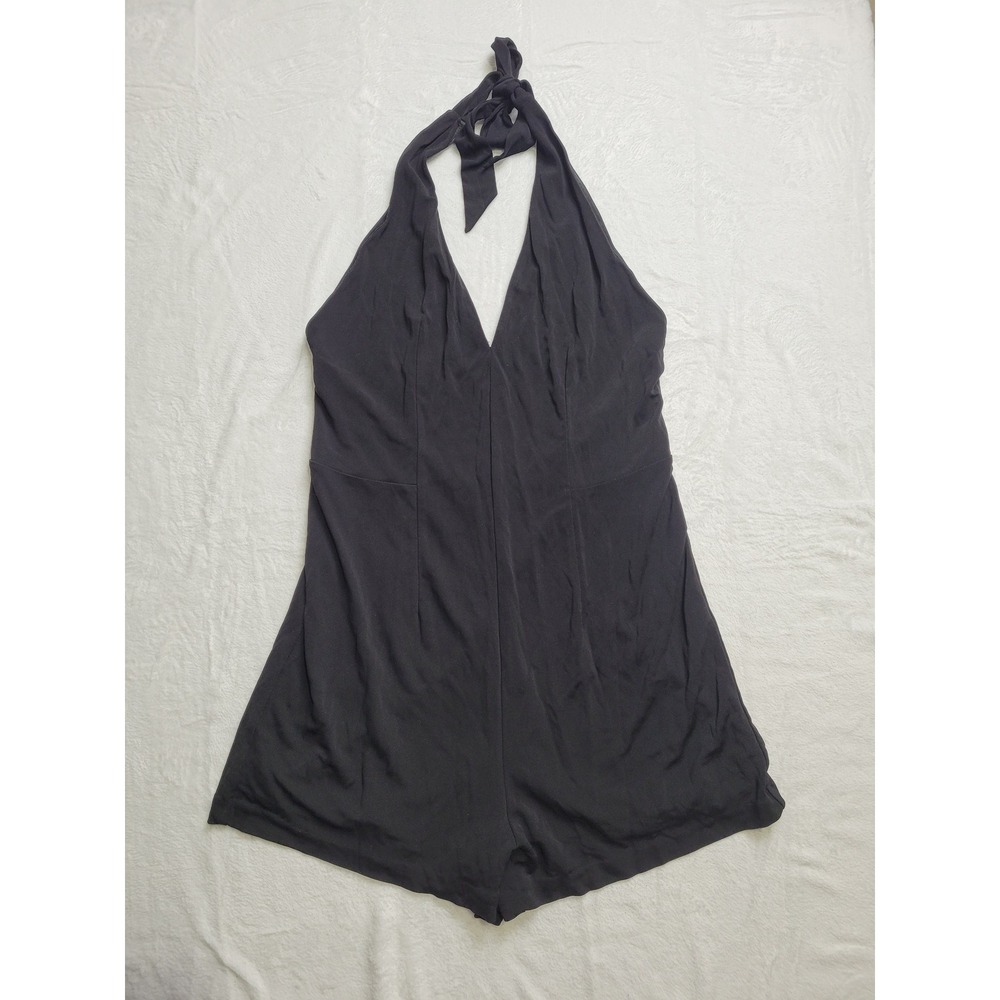 NWT bebe Deep Vneck Romper Women L Black Shogun Escape Halter Open Back